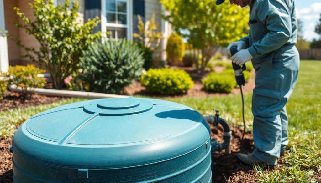 A well-maintained septic system, a critical component of a home's infrastructure, with a technician carefully inspecting the tank and ensuring proper functioning. The scene depicts the foreground with the technician in a protective suit, using specialized tools to assess the system's condition. The middle ground showcases the septic tank's exterior, surrounded by lush, verdant landscaping, conveying a sense of harmony between the home and its essential sanitation system. The background features a sunny, picturesque setting, with a clear sky and a well-manicured lawn, highlighting the importance of responsible homeownership and environmental stewardship.