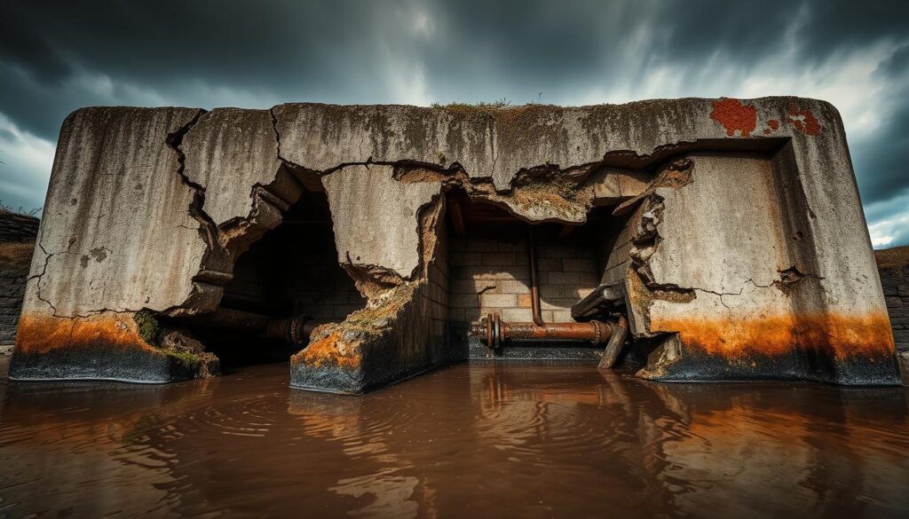 A dilapidated septic tank, its concrete walls cracked and crumbling, exposing the rusting steel reinforcements within. The tank is half-submerged in muddy water, with patches of moss and lichen clinging to its surface. The scene is lit by a moody, overcast sky, casting long shadows across the damaged structure. The camera angle is low, emphasizing the scale and severity of the structural issues, inviting the viewer to examine the details of the decay. The overall atmosphere conveys a sense of neglect and the urgent need for repair, foreshadowing the potential consequences of such structural problems.