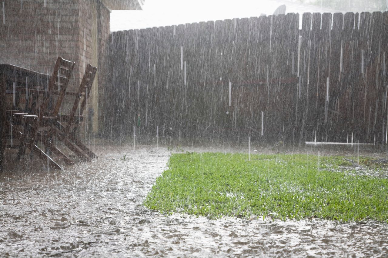 heavy rain in a backyard