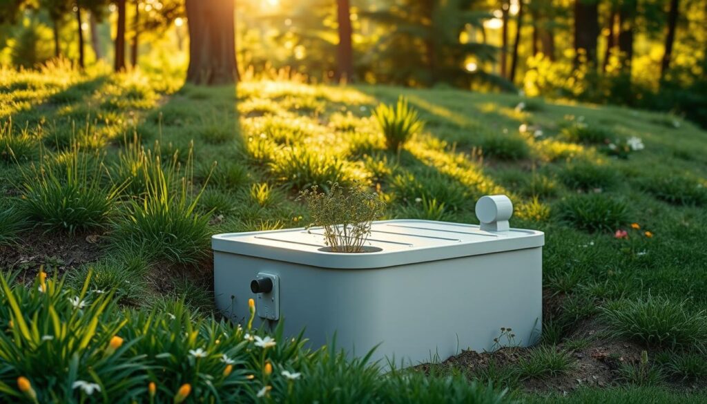 A well-maintained above-ground septic system with a compact, unobtrusive design resting amidst a lush, natural landscape. The system features a sleek, modern tank blending seamlessly into the environment, surrounded by verdant grass, scattered wildflowers, and a few thriving shrubs. Warm, diffused sunlight filters through the trees, casting a gentle glow over the scene. The overall impression is one of efficiency, sustainability, and harmonious integration with the surrounding ecosystem - a budget-friendly septic solution that is both practical and aesthetically pleasing.