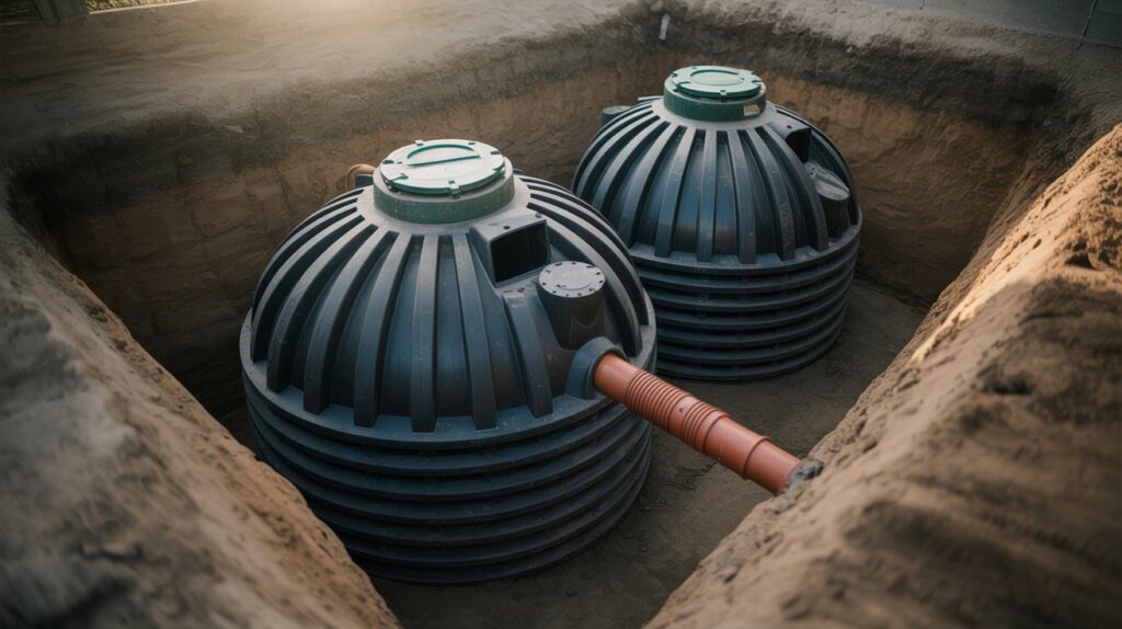 This image shows two large black plastic septic tanks in a trench. These tanks are often used for rainwater harvesting, septic systems, or non-potable water storage. Each tank has a green access lid on top, allowing for inspection, maintenance, or pumping. The tanks are connected by a bright orange pipe near the bottom, likely for balancing flow or interconnecting the tanks. The surrounding area shows exposed soil walls from the trench excavation, indicating that this is part of an ongoing installation or inspection process.