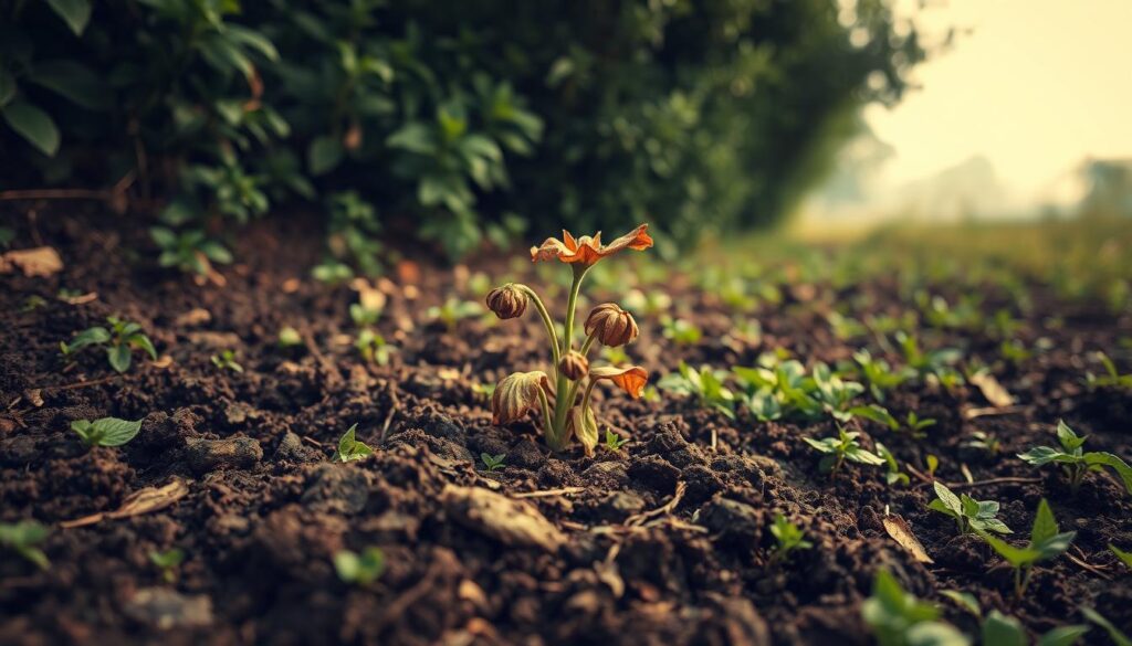 A lush, verdant landscape marred by the unsightly effects of septic overflow. In the foreground, a close-up view of the soil, its once-rich texture now compacted and discolored, with patches of dead or dying vegetation. The middle ground reveals a sickly plant struggling to survive, its leaves wilting and discolored. In the background, a wider view of the affected area, where the once-thriving greenery has been replaced by an unnatural, barren expanse. Warm, diffused lighting casts a hazy, melancholic tone, emphasizing the delicate balance disrupted by the septic overflow. A somber, cautionary tale of the consequences of neglecting septic system maintenance. A lush, verdant landscape marred by the unsightly effects of septic overflow. In the foreground, a close-up view of the soil, its once-rich texture now compacted and discolored, with patches of dead or dying vegetation. The middle ground reveals a sickly plant struggling to survive, its leaves wilting and discolored. In the background, a wider view of the affected area, where the once-thriving greenery has been replaced by an unnatural, barren expanse. Warm, diffused lighting casts a hazy, melancholic tone, emphasizing the delicate balance disrupted by the septic overflow. A somber, cautionary tale of the consequences of neglecting septic system maintenance.