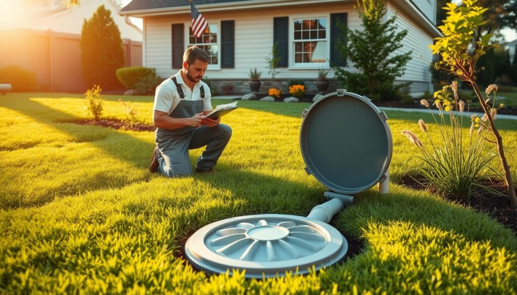 A modern septic system in a well-maintained suburban backyard, with a technician in overalls inspecting the access port. The sun casts warm, natural lighting across the scene, illuminating the lush green grass and flourishing garden beds surrounding the septic tank. In the middle ground, the technician kneels by the tank's clean, unobtrusive cover, clipboard in hand, examining the system with a professional, analytical gaze. The background features a tidy, well-kept house with an attractive facade, conveying a sense of a healthy, thriving household. The overall atmosphere is one of calm competence, dispelling the notion of an inherently smelly or problematic septic system.