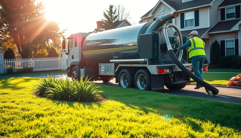 A professional septic tank pumping service in action. A large septic truck parked in the driveway of a suburban home, the operator in a high-visibility vest connecting hoses to the underground tank. The truck's powerful suction pump running, extracting the waste material from the tank. In the foreground, lush green lawn and landscaping. In the background, a well-kept two-story house with a picket fence. Bright, warm sunlight illuminating the scene, creating long shadows. The atmosphere conveys a sense of reliable, professional service and well-maintained home infrastructure. A professional septic tank pumping service in action. A large septic truck parked in the driveway of a suburban home, the operator in a high-visibility vest connecting hoses to the underground tank. The truck's powerful suction pump running, extracting the waste material from the tank. In the foreground, lush green lawn and landscaping. In the background, a well-kept two-story house with a picket fence. Bright, warm sunlight illuminating the scene, creating long shadows. The atmosphere conveys a sense of reliable, professional service and well-maintained home infrastructure.