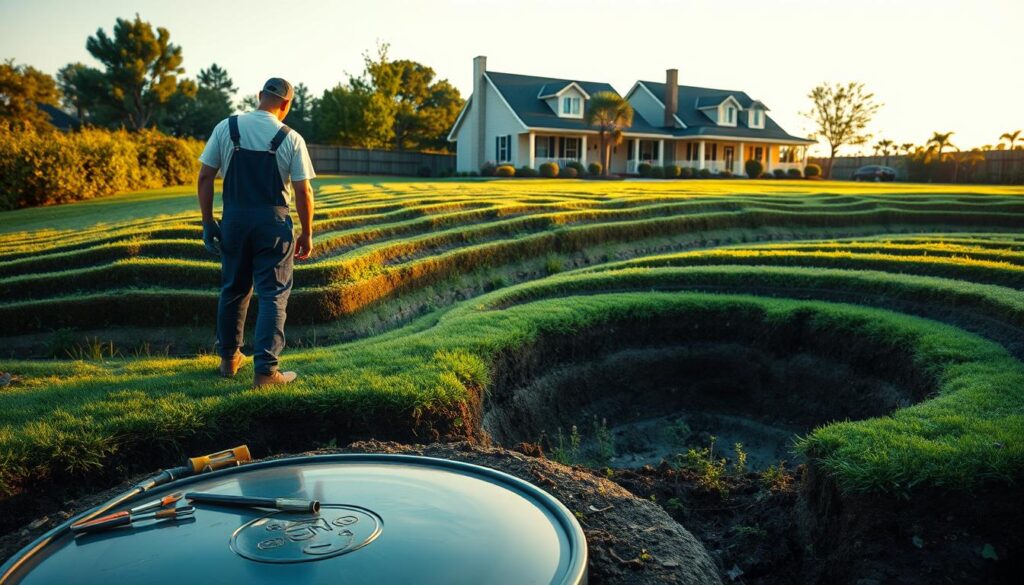 A sprawling septic system nestled in a lush, verdant backyard. In the foreground, a worker in overalls inspects the tank, their tools laid out neatly beside them. The midground features the system's drainage field, with gently undulating mounds of earth and verdant vegetation. In the background, a cozy suburban home stands, bathed in warm, soft lighting that creates a sense of tranquility. The scene conveys the importance of proper septic system maintenance, with a focus on the water usage that can impact its function. A sprawling septic system nestled in a lush, verdant backyard. In the foreground, a worker in overalls inspects the tank, their tools laid out neatly beside them. The midground features the system's drainage field, with gently undulating mounds of earth and verdant vegetation. In the background, a cozy suburban home stands, bathed in warm, soft lighting that creates a sense of tranquility. The scene conveys the importance of proper septic system maintenance, with a focus on the water usage that can impact its function.