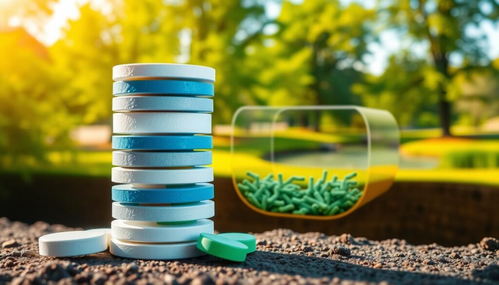 A stack of septic tank treatment tablets in the foreground, their cylindrical shapes and distinct colors (blue, green, white) clearly visible. In the middle ground, a transparent septic tank cutaway reveals the inner workings, with the tablets dissolving and releasing beneficial bacteria. The background showcases a lush, verdant landscape with healthy trees and a serene pond, symbolizing the natural, eco-friendly benefits of these tablets. Warm, golden lighting bathes the scene, creating a welcoming and reassuring atmosphere. The overall composition highlights the essential role of septic tank treatment tablets in maintaining a healthy, sustainable septic system. A stack of septic tank treatment tablets in the foreground, their cylindrical shapes and distinct colors (blue, green, white) clearly visible. In the middle ground, a transparent septic tank cutaway reveals the inner workings, with the tablets dissolving and releasing beneficial bacteria. The background showcases a lush, verdant landscape with healthy trees and a serene pond, symbolizing the natural, eco-friendly benefits of these tablets. Warm, golden lighting bathes the scene, creating a welcoming and reassuring atmosphere. The overall composition highlights the essential role of septic tank treatment tablets in maintaining a healthy, sustainable septic system.