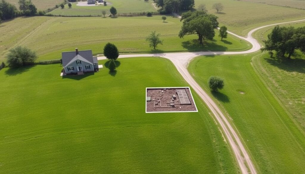 A sweeping aerial view of a rural residential property, with the septic system location clearly demarcated. The foreground shows the lush, well-manicured lawn leading up to a modest single-story house. In the middle ground, a sectioned-off area of the yard is highlighted, indicating the precise location of the septic system and its components. The background features a gently rolling landscape dotted with mature trees and a winding dirt driveway. The lighting is soft and natural, creating a serene, inviting atmosphere. The camera angle is slightly elevated, providing a comprehensive overview of the property and the septic system's placement within it. A sweeping aerial view of a rural residential property, with the septic system location clearly demarcated. The foreground shows the lush, well-manicured lawn leading up to a modest single-story house. In the middle ground, a sectioned-off area of the yard is highlighted, indicating the precise location of the septic system and its components. The background features a gently rolling landscape dotted with mature trees and a winding dirt driveway. The lighting is soft and natural, creating a serene, inviting atmosphere. The camera angle is slightly elevated, providing a comprehensive overview of the property and the septic system's placement within it.