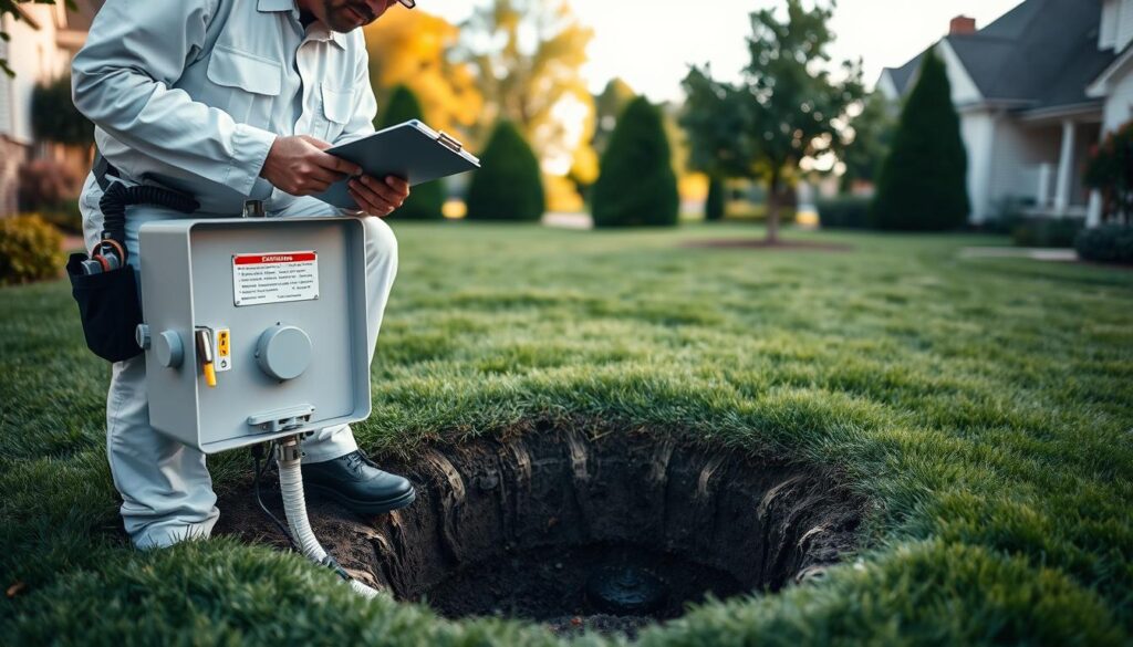 A technician in a white uniform carefully inspecting a septic tank system, closely examining the distribution box and drainage field. The foreground shows the technician's tools and clipboard, while the middle ground reveals the septic tank itself, partially buried in the ground. In the background, a well-manicured suburban yard with lush green grass and a few trees creates a serene, residential setting. The scene is illuminated by soft, natural lighting, conveying a sense of professionalism and attention to detail during a routine septic system health inspection. A technician in a white uniform carefully inspecting a septic tank system, closely examining the distribution box and drainage field. The foreground shows the technician's tools and clipboard, while the middle ground reveals the septic tank itself, partially buried in the ground. In the background, a well-manicured suburban yard with lush green grass and a few trees creates a serene, residential setting. The scene is illuminated by soft, natural lighting, conveying a sense of professionalism and attention to detail during a routine septic system health inspection.