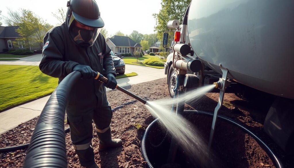 A well-lit, high-angle shot of a septic tank maintenance service in progress. In the foreground, a worker in protective gear is using a high-pressure hose to flush out the septic tank. The worker's face is obscured, emphasizing the technical aspects of the task. In the middle ground, the septic truck and equipment are visible, conveying the professional nature of the service. The background depicts a peaceful suburban setting, with neatly trimmed lawns and trees, suggesting the importance of proper septic tank maintenance for a healthy, functioning household. The scene evokes a sense of diligence and attention to detail required for this essential, yet often overlooked, aspect of home maintenance.