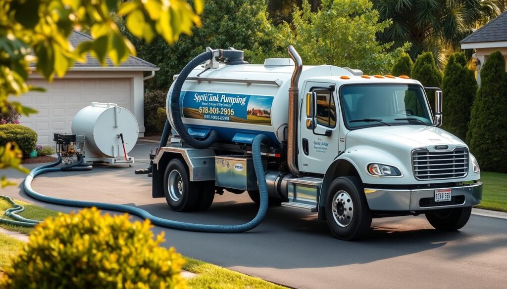 A well-lit, high-resolution photograph of a septic truck parked in a residential driveway, its hose extended and connected to the septic tank's access port. The truck's signage prominently displays the company name and "Septic Tank Pumping" in a bold, clean font. The driveway is neatly paved, with a well-manicured lawn and shrubs framing the scene. The overall mood is one of professional, efficient service, conveying the importance of regular septic tank maintenance to prevent costly system failures. A well-lit, high-resolution photograph of a septic truck parked in a residential driveway, its hose extended and connected to the septic tank's access port. The truck's signage prominently displays the company name and "Septic Tank Pumping" in a bold, clean font. The driveway is neatly paved, with a well-manicured lawn and shrubs framing the scene. The overall mood is one of professional, efficient service, conveying the importance of regular septic tank maintenance to prevent costly system failures.