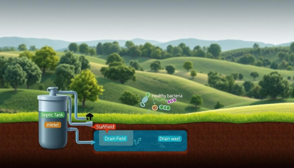A well-lit septic system diagram presented in a clean, educational style. In the foreground, a cutaway view showcases the different components - inlet, septic tank, drain field - with color-coded labeling. The middle ground features healthy bacteria and enzymes breaking down waste, represented by subtle animated elements. The background depicts a lush, verdant landscape with trees and rolling hills, conveying a sense of natural balance. The overall composition has a subdued, earthy color palette and a serene, informative tone, suitable for inclusion in an article about septic system maintenance. A well-lit septic system diagram presented in a clean, educational style. In the foreground, a cutaway view showcases the different components - inlet, septic tank, drain field - with color-coded labeling. The middle ground features healthy bacteria and enzymes breaking down waste, represented by subtle animated elements. The background depicts a lush, verdant landscape with trees and rolling hills, conveying a sense of natural balance. The overall composition has a subdued, earthy color palette and a serene, informative tone, suitable for inclusion in an article about septic system maintenance.