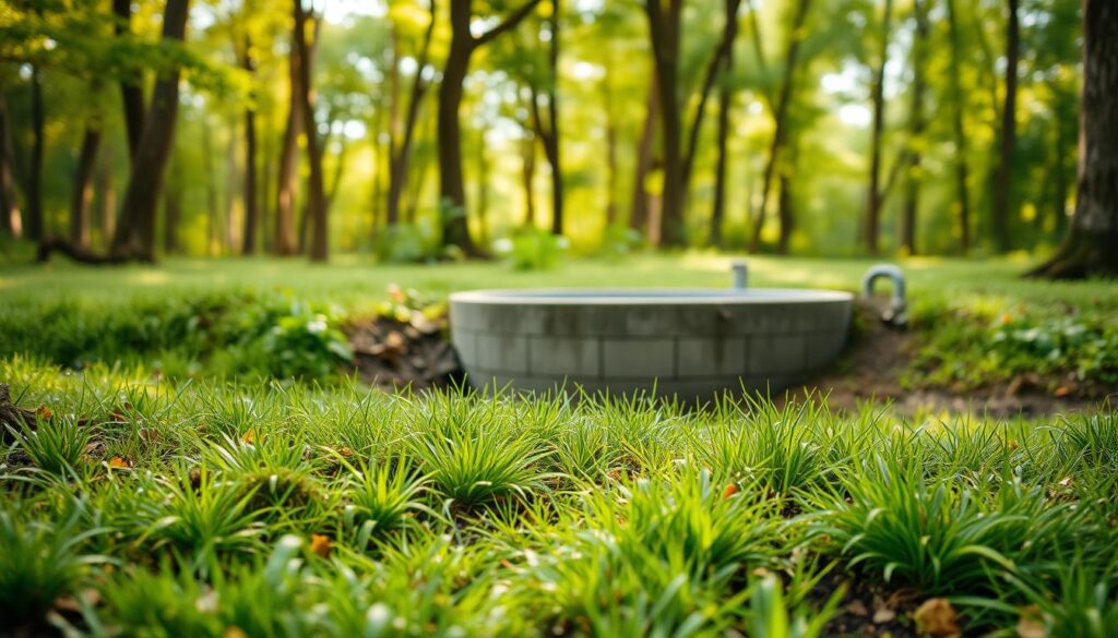 A well-maintained septic system in a lush, natural setting. The foreground depicts a healthy septic drain field with vibrant grass and thriving plants, suggesting a balanced ecosystem. The middle ground showcases a well-sealed septic tank, its concrete structure blending seamlessly with the surrounding landscape. In the background, a tranquil wooded area creates a serene, earthy atmosphere, emphasizing the importance of preserving this delicate system. Soft, diffused lighting filters through the trees, casting a warm, inviting glow over the scene. The overall composition conveys a sense of harmony and environmental sustainability, highlighting the need to avoid harsh chemicals that could disrupt the delicate balance of a septic system. A well-maintained septic system in a lush, natural setting. The foreground depicts a healthy septic drain field with vibrant grass and thriving plants, suggesting a balanced ecosystem. The middle ground showcases a well-sealed septic tank, its concrete structure blending seamlessly with the surrounding landscape. In the background, a tranquil wooded area creates a serene, earthy atmosphere, emphasizing the importance of preserving this delicate system. Soft, diffused lighting filters through the trees, casting a warm, inviting glow over the scene. The overall composition conveys a sense of harmony and environmental sustainability, highlighting the need to avoid harsh chemicals that could disrupt the delicate balance of a septic system.