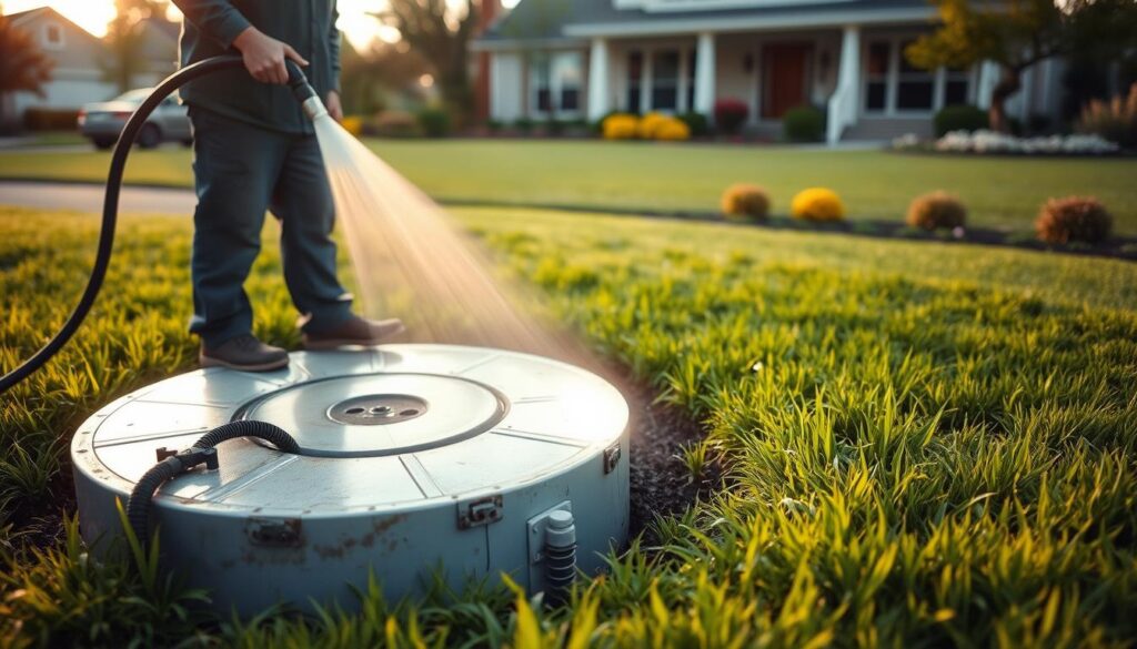 A well-maintained septic system, surrounded by lush green grass, with a worker in the foreground using a high-pressure hose to clean the septic tank. The background features a suburban home with a beautifully landscaped yard, suggesting the importance of regular septic system maintenance to protect property value. Soft, warm lighting illuminates the scene, creating a sense of care and attention to detail. The image conveys the message that proper septic system maintenance is crucial for preserving the value and integrity of one's home and property. A well-maintained septic system, surrounded by lush green grass, with a worker in the foreground using a high-pressure hose to clean the septic tank. The background features a suburban home with a beautifully landscaped yard, suggesting the importance of regular septic system maintenance to protect property value. Soft, warm lighting illuminates the scene, creating a sense of care and attention to detail. The image conveys the message that proper septic system maintenance is crucial for preserving the value and integrity of one's home and property.