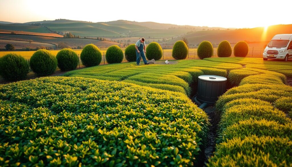 A well-maintained septic system, with a lush green drain field in the foreground. In the middle ground, a worker in overalls carefully inspecting the septic tank, surrounded by neatly trimmed shrubs. The background features a picturesque rural landscape, with rolling hills and a warm, golden sunset lighting the scene. The overall mood is one of diligence and environmental harmony, as the homeowner takes responsible care of their septic system. Captured with a wide-angle lens to showcase the full scale of the scene, with soft, diffused lighting casting gentle shadows. A well-maintained septic system, with a lush green drain field in the foreground. In the middle ground, a worker in overalls carefully inspecting the septic tank, surrounded by neatly trimmed shrubs. The background features a picturesque rural landscape, with rolling hills and a warm, golden sunset lighting the scene. The overall mood is one of diligence and environmental harmony, as the homeowner takes responsible care of their septic system. Captured with a wide-angle lens to showcase the full scale of the scene, with soft, diffused lighting casting gentle shadows.
