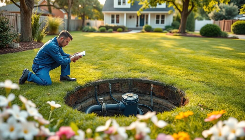 A well-maintained septic system, with a technician in a blue jumpsuit inspecting the underground tank. The scene is set in a lush, verdant backyard, with a manicured lawn and blooming flowers in the foreground. Soft, diffused natural lighting illuminates the scene, casting gentle shadows. The technician kneels beside the opened septic tank, clipboard in hand, carefully examining the system's components. In the middle ground, the septic field is visible, its grassy surface undisturbed. In the background, a picturesque suburban home stands, its exterior reflecting the care and attention given to the property's landscaping. The overall atmosphere conveys a sense of responsible homeownership and proactive septic system maintenance. A well-maintained septic system, with a technician in a blue jumpsuit inspecting the underground tank. The scene is set in a lush, verdant backyard, with a manicured lawn and blooming flowers in the foreground. Soft, diffused natural lighting illuminates the scene, casting gentle shadows. The technician kneels beside the opened septic tank, clipboard in hand, carefully examining the system's components. In the middle ground, the septic field is visible, its grassy surface undisturbed. In the background, a picturesque suburban home stands, its exterior reflecting the care and attention given to the property's landscaping. The overall atmosphere conveys a sense of responsible homeownership and proactive septic system maintenance.