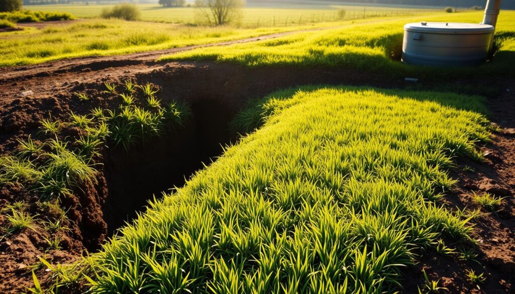 A well-maintained septic system with lush green grass covering the drain field, a sturdy septic tank partially visible, and a serene rural landscape in the background. The scene is illuminated by warm, natural sunlight, casting long shadows and highlighting the textures of the soil and vegetation. The image conveys a sense of harmony, emphasizing the importance of responsible septic system care without the need for chemical additives.