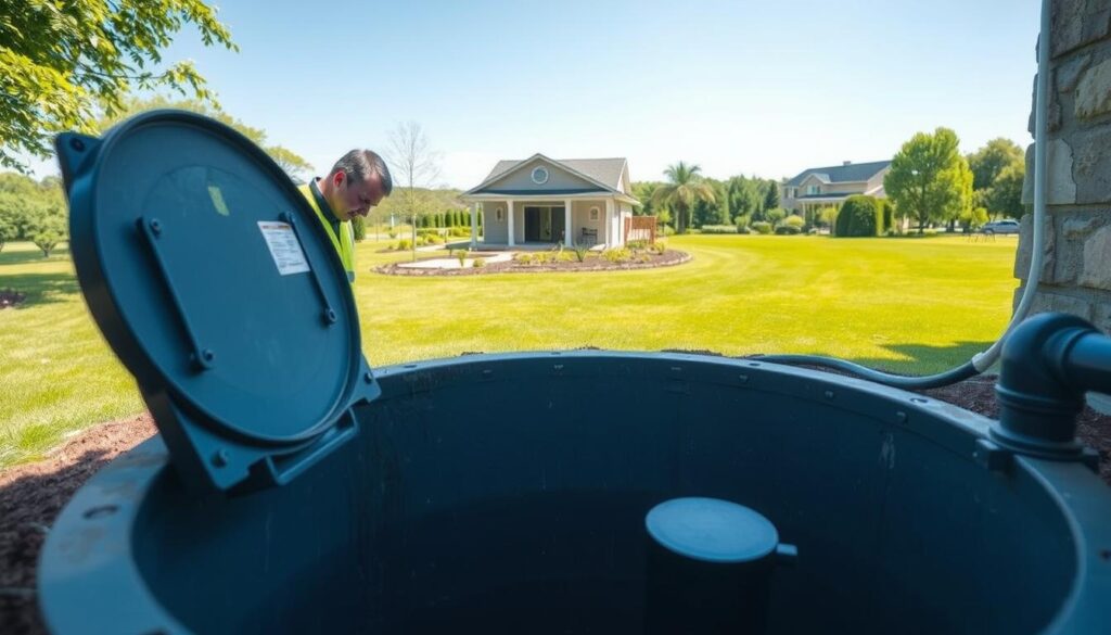 A well-maintained septic tank with a technician inspecting the system. The foreground shows the open septic tank hatch, with the technician in a safety vest leaning in to check the levels. The middle ground depicts the septic tank's exterior, with a clean, well-kept lawn surrounding it. The background features a sunny, picturesque landscape with lush greenery, creating a serene and peaceful atmosphere. The lighting is natural, with soft shadows highlighting the details. The camera angle is slightly elevated, giving a comprehensive view of the scene and emphasizing the importance of proper septic tank maintenance. A well-maintained septic tank with a technician inspecting the system. The foreground shows the open septic tank hatch, with the technician in a safety vest leaning in to check the levels. The middle ground depicts the septic tank's exterior, with a clean, well-kept lawn surrounding it. The background features a sunny, picturesque landscape with lush greenery, creating a serene and peaceful atmosphere. The lighting is natural, with soft shadows highlighting the details. The camera angle is slightly elevated, giving a comprehensive view of the scene and emphasizing the importance of proper septic tank maintenance.