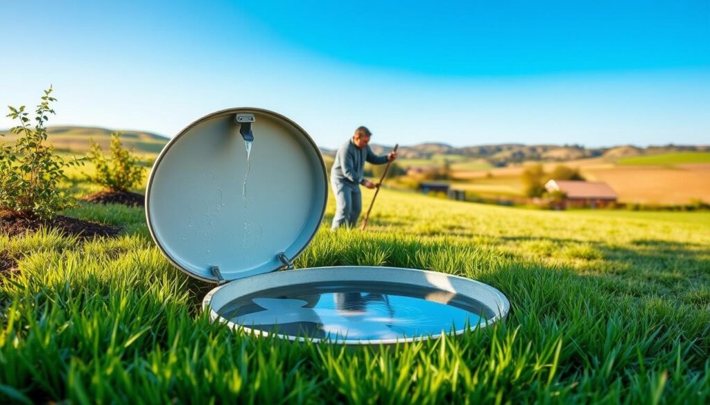 An idyllic outdoor scene depicting the prevention of septic tank clogs. In the foreground, a well-maintained septic tank system, its cover open to reveal a pristine, flowing interior. Surrounding the tank, lush green grass and flourishing vegetation, symbolizing a healthy, thriving ecosystem. In the middle ground, a homeowner tending to the system, using a long-handled tool to gently stir and aerate the contents, ensuring efficient decomposition. Soft, natural lighting filters through the scene, creating a serene, tranquil atmosphere. In the background, a picturesque rural landscape, with rolling hills and a clear blue sky, reinforcing the idea of a well-balanced, sustainable environment. The overall image conveys the importance of proactive septic tank maintenance in preventing clogs and backups, aligning with the article's subject and section title. An idyllic outdoor scene depicting the prevention of septic tank clogs. In the foreground, a well-maintained septic tank system, its cover open to reveal a pristine, flowing interior. Surrounding the tank, lush green grass and flourishing vegetation, symbolizing a healthy, thriving ecosystem. In the middle ground, a homeowner tending to the system, using a long-handled tool to gently stir and aerate the contents, ensuring efficient decomposition. Soft, natural lighting filters through the scene, creating a serene, tranquil atmosphere. In the background, a picturesque rural landscape, with rolling hills and a clear blue sky, reinforcing the idea of a well-balanced, sustainable environment. The overall image conveys the importance of proactive septic tank maintenance in preventing clogs and backups, aligning with the article's subject and section title.