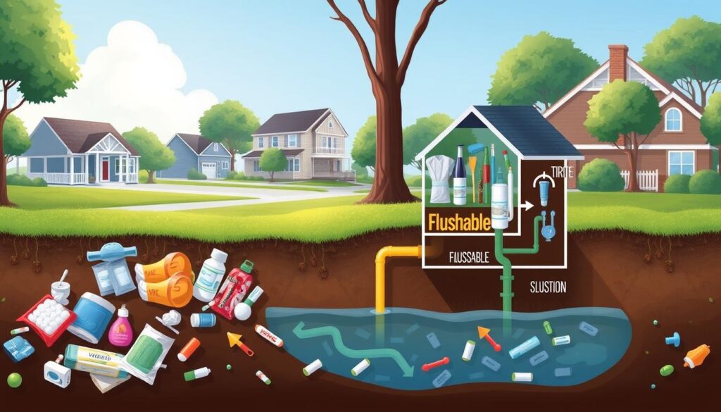 Septic system myths: a detailed and vibrant illustration. A septic tank in the foreground, surrounded by flushed items like wipes, cotton swabs, and hygiene products, all of which are labeled as "flushable" yet clearly incompatible with the septic system. In the middle ground, a cross-section of the septic system's inner workings, with arrows and labels highlighting the delicate balance disrupted by unsuitable waste. In the background, a suburban neighborhood setting, with homes, trees, and a clear blue sky, emphasizing the importance of a well-functioning septic system for the local community. Soft, natural lighting illuminates the scene, conveying a sense of educational clarity. The overall composition guides the viewer's attention to the central message: debunking the myth that "flushable" products are safe for septic systems.