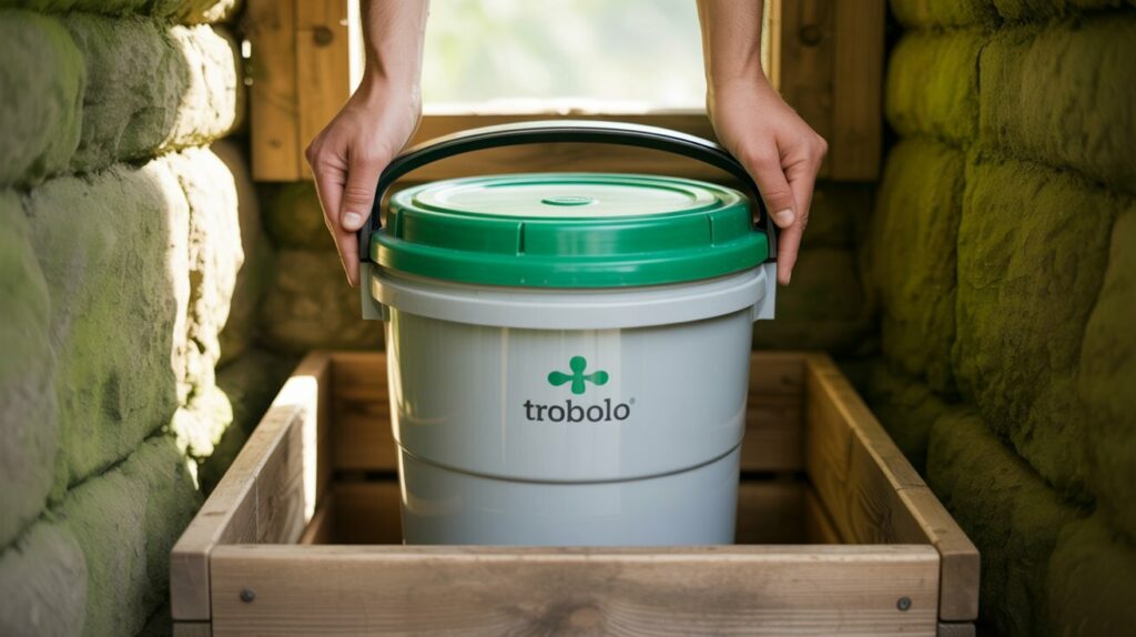A photograph focuses on a sturdy white plastic container with a bright green screw-on lid and a comfortable black handle, prominently displaying the "TROBOLO" logo. The container is partially lifted by a pair of hands, revealing its interior and emphasizing its purpose as part of a composting toilet system. It sits within a rustic wooden enclosure, set against a backdrop of textured, moss-covered stone walls bathed in soft, diffused sunlight filtering through a nearby window, reinforcing a sense of eco-friendly simplicity. The warm, natural light highlights the container’s clean lines and the weathered texture of the surrounding wood and stone. A photograph focuses on a sturdy white plastic container with a bright green screw-on lid and a comfortable black handle, prominently displaying the "TROBOLO" logo. The container is partially lifted by a pair of hands, revealing its interior and emphasizing its purpose as part of a composting toilet system. It sits within a rustic wooden enclosure, set against a backdrop of textured, moss-covered stone walls bathed in soft, diffused sunlight filtering through a nearby window, reinforcing a sense of eco-friendly simplicity. The warm, natural light highlights the container’s clean lines and the weathered texture of the surrounding wood and stone.