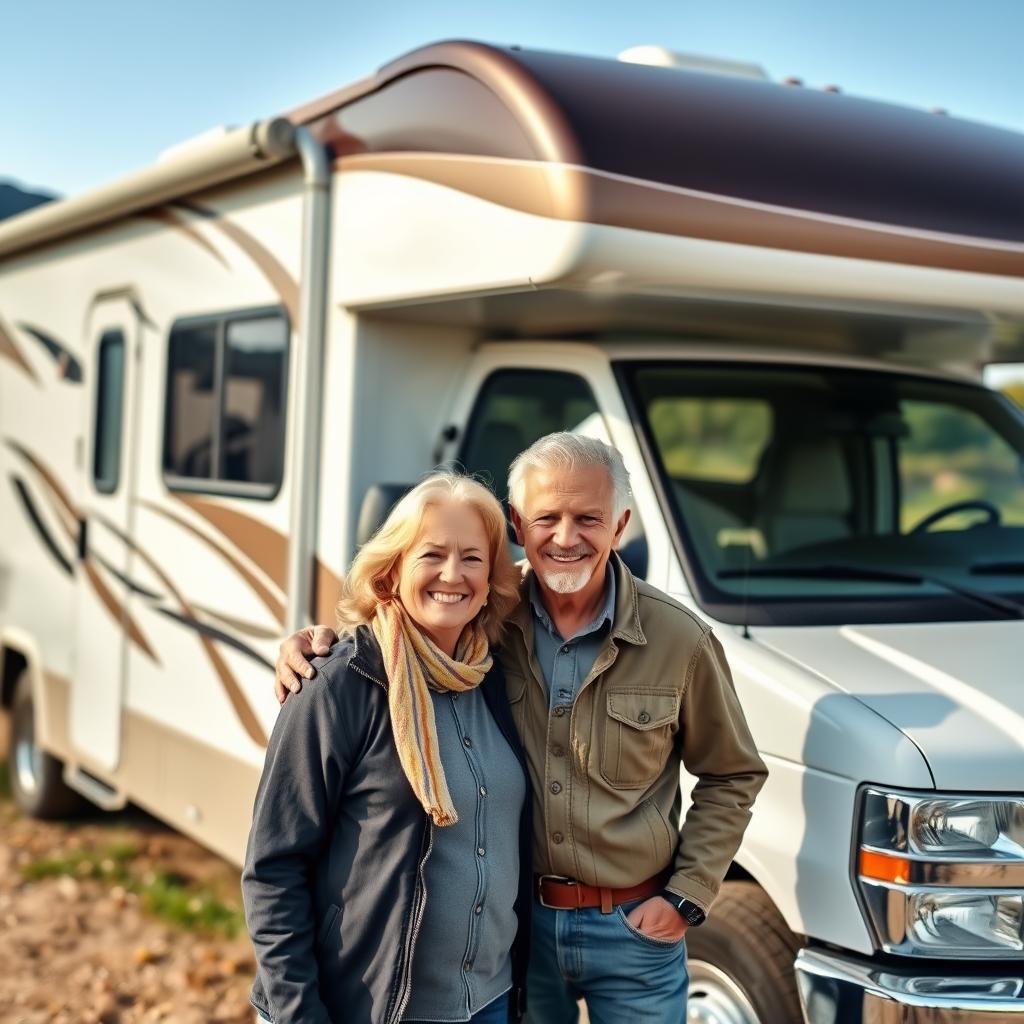 Full-time RVer couple standing beside their Class A motorhome Full-time RVer couple standing beside their Class A motorhome
