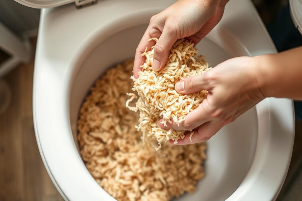 Person adding natural composting medium to a composting toilet Person adding natural composting medium to a composting toilet
