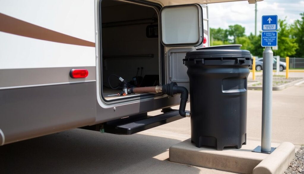 RV at a dump station emptying black water tank RV at a dump station emptying black water tank