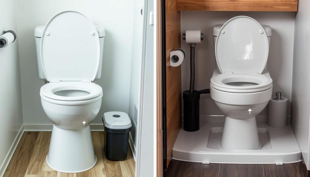 Split image showing composting toilet and traditional RV black tank system side by side