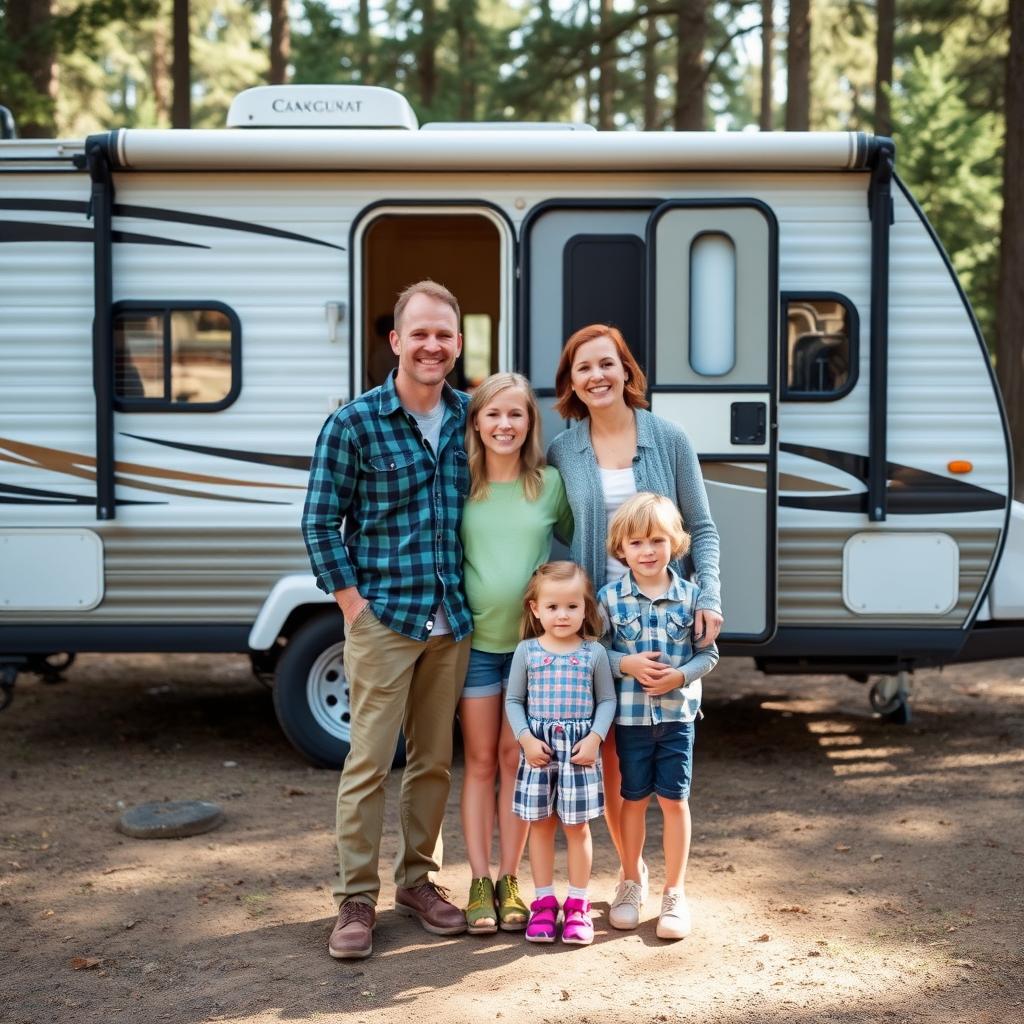 Weekend camper family with their travel trailer Weekend camper family with their travel trailer